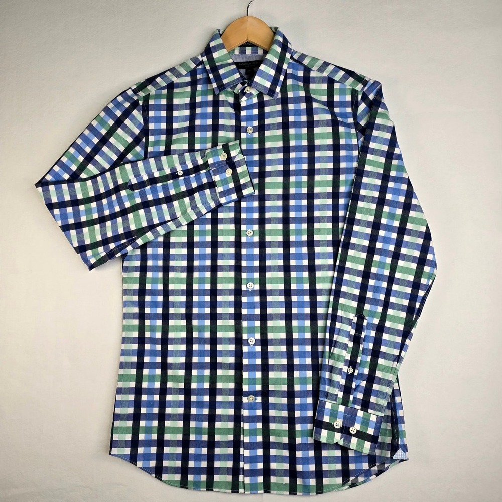 Banana Republic Grant Fit Non-Iron Dress Shirt Mens Medium Blue Green Gingham